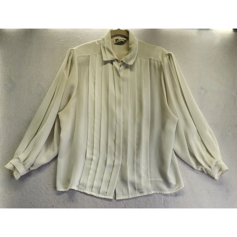 La Blouse Vintage Pleated Front Button Up Shirt Ivory Size 16